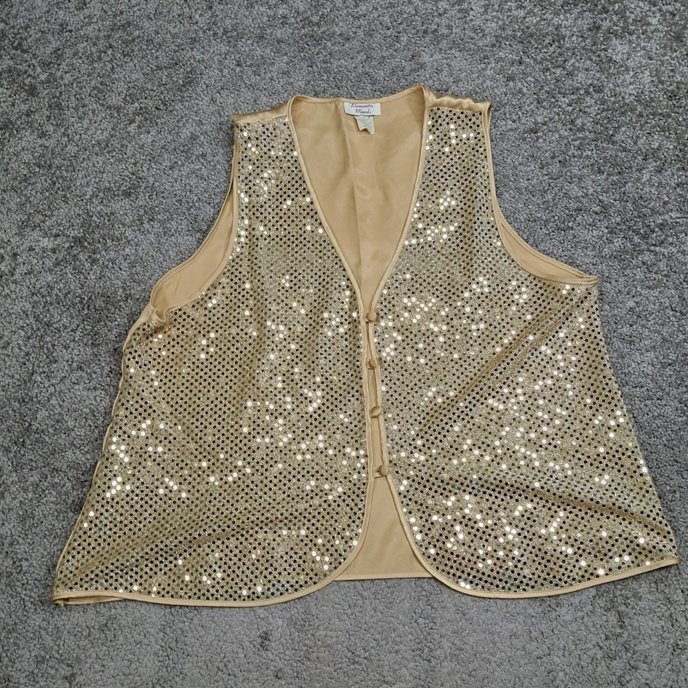 Romantic Moods Womens Gold Sequin V-Neck Button Front Vest XL 1M3441